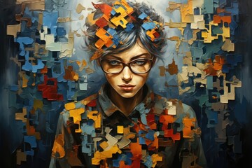 Sticker - A painting of a woman with puzzle pieces on her head. Generative AI.