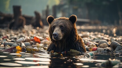 Poster - brown bear in the water around a lot of garbage. ecological catastrophe, problems. planet in plastic, garbage. Generative Ai
