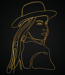 Wall Mural - Modern single abstract woman pose with hat in a minimalist one line art fashion concept, minimalistic style.