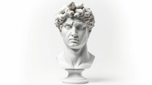 Gypsum Statue Of David's Head. Michelangelo's David Statue Plaster Copy Isolated On White Background.