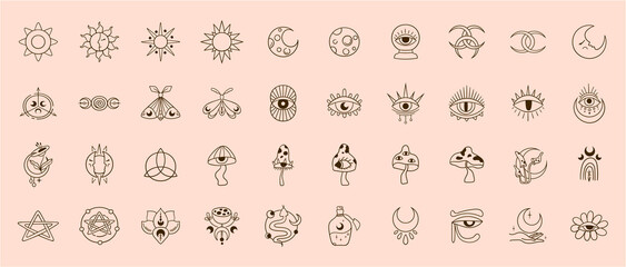 Wall Mural - mysticism esoteric outline icons vector bundle, mystical line monochrome clip art, celestial floral 