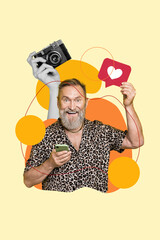 Sticker - Vertical collage of excited grandfather hold smart phone like notification black white colors arm photo camera isolated on beige colrobackground