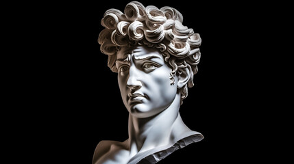 Gypsum statue of David's head. Michelangelo's David statue plaster copy isolated on black background.