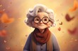 Old woman with nice haircut cartoon character. Smiling grandma portrait on autumn background
