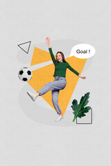 Poster - Vertical collage image of excited positive girl leg kick football scream goal green plant leaf isolated on grey background