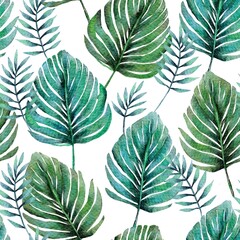 Canvas Print - Tropical botany monstera palm watercolor drawing seamless pattern. Jungle exotic background