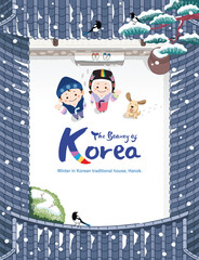 Wall Mural - Winter landscape in Korea, beautiful traditional hanok. In a snowy hanok house, children wearing hanbok raise their hands to say hello.