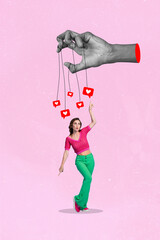 Sticker - Photo collage artwork picture of funky funny lady catching hanging feedback hearts isolated pink color background