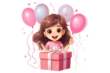 Wall Mural - Opened gift box with cute happy girl. . Flat graphic vector illustrations isolated on white background