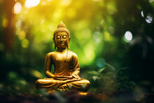 Golden Buddha Figurine With Tropical Green Forest In Bokeh In The Background. Generative AI