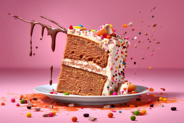 Piece of cake with flying pieces of fruit and chocolate on a background