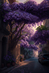 Wall Mural - A street full of purple flowers and blooming plants. Generative AI