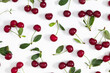 Cherry pattern. Flat lay, top view of cherries and leaves on white background.