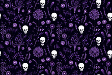 Halloween Seamless Texture, Tiling Pattern, White Skulls And Purple Spider Web And Flowers On Black Background