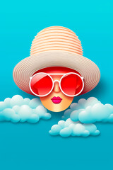 Sticker - Woman with red sunglasses and hat on her head in the clouds. Generative AI.