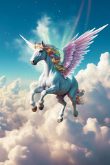 Poster - Image of unicorn with wings flying in the sky with clouds in the background. Generative AI.