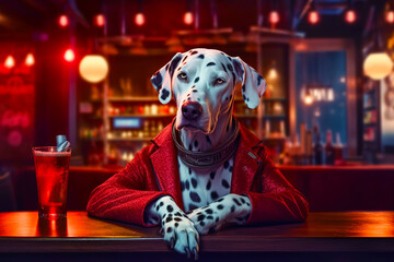 Sticker - Dalmatian dog sitting at table with drink in front of him. Generative AI.