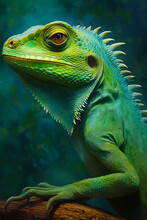 Close Up Of Green Lizard On Tree Branch With Fish In The Background. Generative AI.