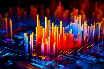 Sticker - Close up of colorful bar chart on computer screen with black background. Generative AI.