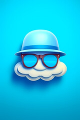 Poster - Blue hat and sunglasses on top of cloud with blue sky in the background. Generative AI.