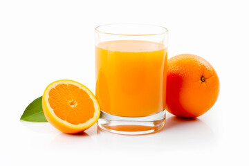 Canvas Print - Glass of orange juice next to orange and half of orange. Generative AI.