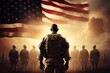 A Group Of Soldiers Standing In Front Of An American Flag. Patriotism, Duty, Unity, American Flag, Military Culture, Service. Generative AI