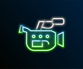 Sticker - Glowing neon line Cinema camera icon isolated on black background. Video camera. Movie sign. Film projector. Colorful outline concept. Vector