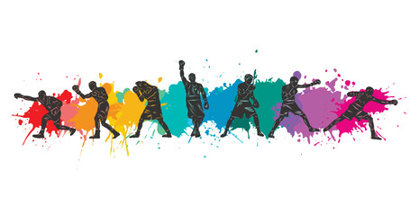  Colorful vector boxing illustration. Bright silhouettes of boxers men.	
