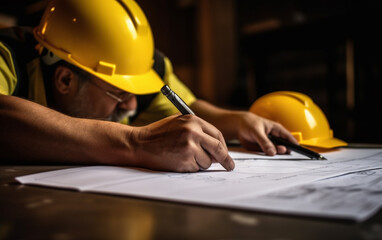 Hand over construction plans with yellow helmet and drawing tool 