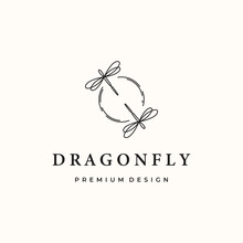 Twin Dragonfly In The Circle Life Line Art Logo Vector Minimalist Illustration Design, Beautiful Dragonfly Logo Design