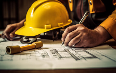 Hand over construction plans with yellow helmet and drawing tool