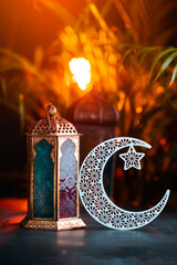 Wall Mural - Islamic new year concept poster image, Ramadan lantern lamp with crescent moon shape, Eid Mubarak background