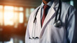 © AlexCaelus - Medical doctor, cross arm, close - up on chest area, stethoscope, clinic, hospital room as background, AI Generated