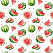 Seamless pattern with watercolor watermelon isolated on white. 