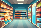 Fototapeta Dinusie - Aisle in grocery store and shelves with display shelf full of products to buy, cartoon style, AI generated