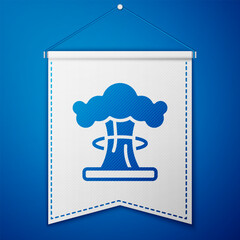 Poster - Blue Nuclear explosion icon isolated on blue background. Atomic bomb. Symbol of nuclear war, end of world. White pennant template. Vector