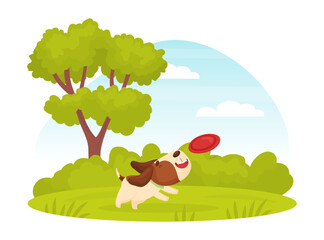 Poster - Cartoon Beagle Dog Character Play Frisbee on Green Lawn Vector Illustration