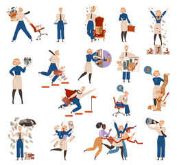 Wall Mural - Business Man and Woman Busy with Office Work Routine Big Vector Set