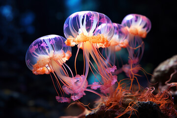 Poster - Bright glowing jellyfish on a coral reef, AI Generated