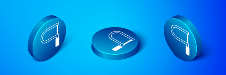 Sticker - Isometric Hacksaw icon isolated on blue background. Metal saw for wood and metal. Blue circle button. Vector