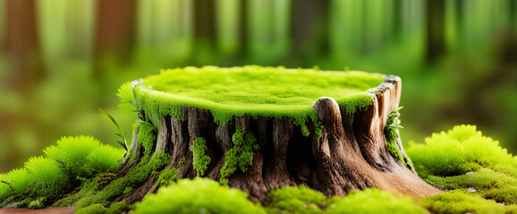 Wall Mural - Green moss on a stump on a blurred forest background. Product display. Free space for design and montage. Natural cosmetics concept. Wide banner. Website header. Wildness, ecology, freshness, fresh