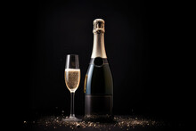 A Bottle Of Champagne Or Sparkling Wine With A Glass Of Champagne And Sprinkled With Gold Dust On A Black Background.