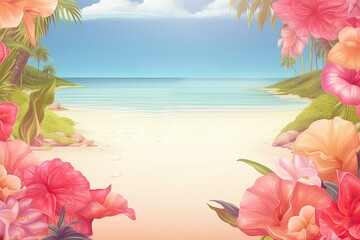 Wall Mural - Summer advertising poster mockup with flowers and exotic plants on the beach by the ocean.