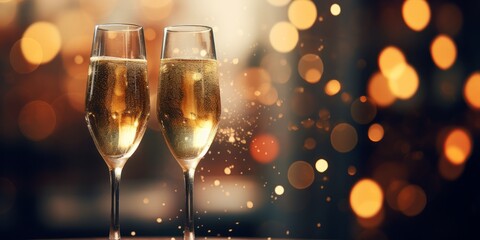 Wall Mural - Two glasses of champagne on bokeh background. New Year concept