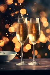 Wall Mural - Two glasses of champagne with bokeh lights on background, closeup