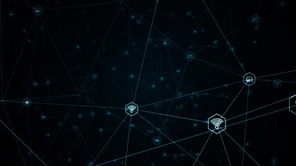 Wall Mural - blue digital ai technology icons linked on grid mesh and line connection on futuristic abstract back