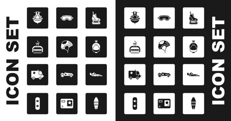 Wall Mural - Set Skates, Helmet, Ski lift, Jet ski, and action camera, goggles, Formula 1 racing car and Ambulance emergency icon. Vector