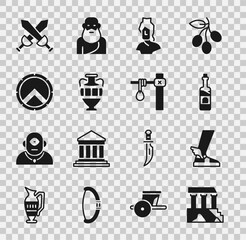 Sticker - Set Parthenon, Hermes sandal, Bottle of wine, Ancient bust sculpture, amphorae, Greek shield, Crossed medieval sword and Gallows icon. Vector