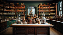 The Interior Of An Old Fashioned Apothecary Shop With Mysterious Goods And Products Displayed On Shop Counters And Stacked On Shelves