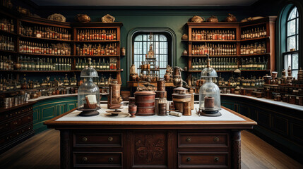 The interior of an old fashioned Apothecary shop with mysterious goods and products displayed on shop counters and stacked on shelves